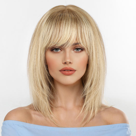 KKU 12 Inch Ombre Brown Human Hair Wigs for Women,Layered Straight Hair Wig with Bangs,Wear Natural Realism