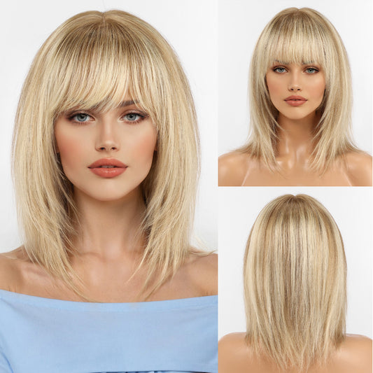 KKU 12 Inch Ombre Brown Human Hair Wigs for Women,Layered Straight Hair Wig with Bangs,Wear Natural Realism