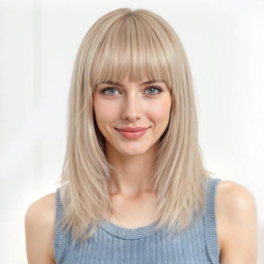 16 Inch Human Hair Wig with BangsAsh Platinum Blonde