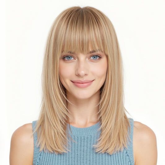16 Inch Human Hair Wig with BangsOmbre Mixed Blonde