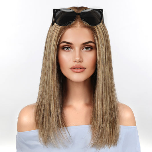 KKU 16 Inch Brown Mixed Blonde Human Hair Wigs for Women,5x5 Lace Front Wigs Human Hair,wigs for women