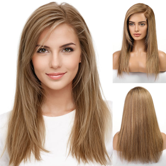 KKU 18 Inch Brown and Gold Ombre Human Hair Wigs for Women,Layered Straight Hair Wig with Bangs,Wear Natural Realism