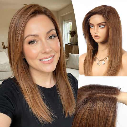 KKU 16" Medium Brown Straight Lace Front Wig | Side Swept Bangs | C-Part Natural Part
