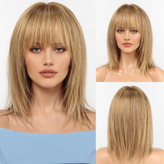 KKU 12 Inch Ombre Light Brown Wigs Human Hair for White Women, Remy Human Hair Wigs, Human Hair Wigs with Bangs