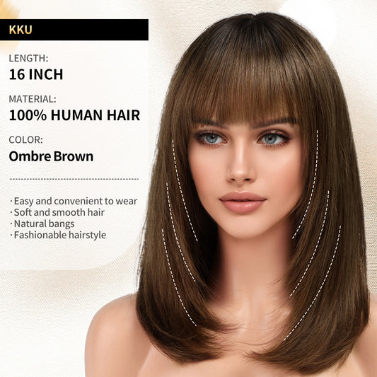 KKU 16 Inch Ombre Brown Human Hair Wigs for Women,Layered Straight Hair Wig with Bangs,Wear Natural Realism