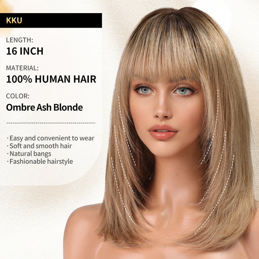 KKU 16 Inch Ombre Ash Blonde Human Hair Wigs for Women,Layered Straight Hair Wig with Bangs,Wear Natural Realism
