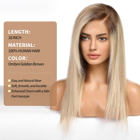 KKU 18 Inch Brown and Gold Ombre Human Hair Wigs for Women,Layered Straight Hair Wig with Bangs,Wear Natural Realism