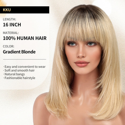KKU 16 Inch Gradient Blonde Human Hair Wigs for White Women,Layered Straight Hair Wig with Bangs,Wear Natural Realism