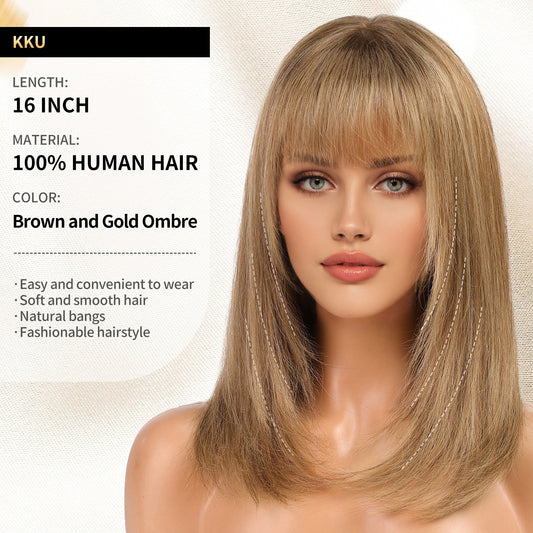 KKU 16 Inch Brown and Gold Ombre Human Hair Wigs for Women,Layered Straight Hair Wig with Bangs,Wear Natural Realism