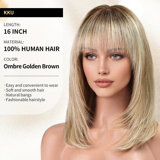 KKU 16 Inch Ombre Blonde Brown Human Hair Wigs for Women,Layered Straight Hair Wig with Bangs,Wear Natural Realism