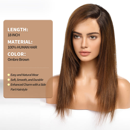 KKU 18 Inch Ombre Brown Human Hair Wigs for Women,Layered Straight Hair Wig with Side Bangs,Wear Natural Realism