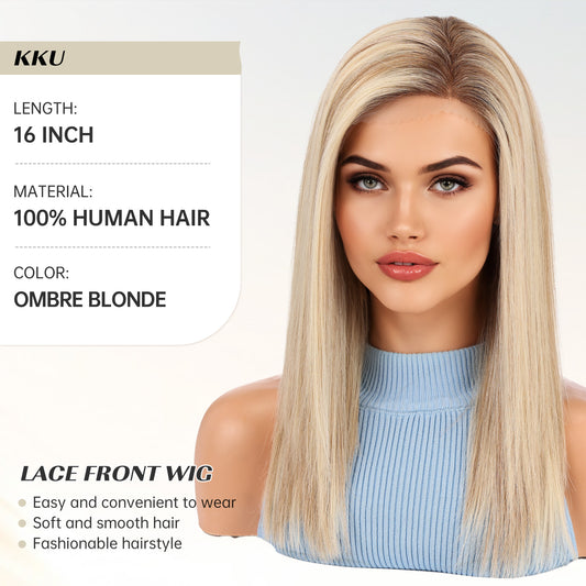 16 Inch Human Hair C Side Lace Wig Blonde
