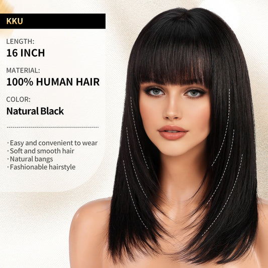 KKU 16 Inch Human Hair Wigs for Women,Layered Straight Hair Wig with Bangs,Wear Natural Realism,Real Hair Wigs