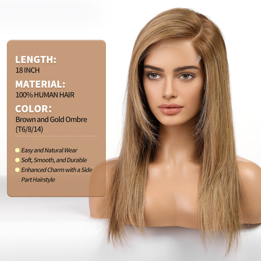 KKU 18 Inch Brown and Gold Ombre Human Hair Wigs for Women,Layered Straight Hair Wig with Bangs,Wear Natural Realism