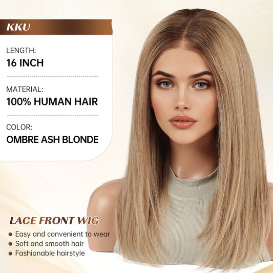 KKU 16 Inch Ombre Ash Blonde Human Hair Wigs for Women,5x5 Lace Front Wigs Human Hair,wigs for women