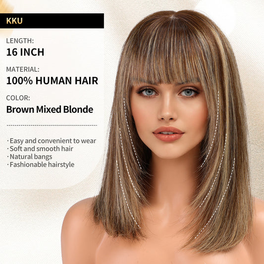 KKU 16 Inch Brown Mixed Blonde Human Hair Wigs for Women,Layered Straight Hair Wig with Bangs,Wear Natural Realism