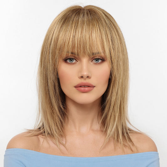 KKU 12 Inch Ombre Light Brown Wigs Human Hair for White Women, Remy Human Hair Wigs, Human Hair Wigs with Bangs