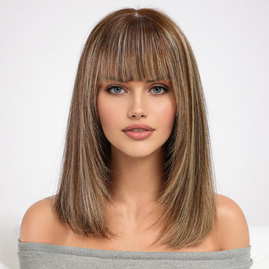 KKU 16 Inch Brown Mixed Blonde Human Hair Wigs for Women,Layered Straight Hair Wig with Bangs,Wear Natural Realism