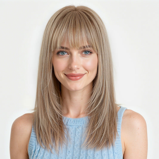 16 Inch Brown Mixed Blonde Straight Human Hair Wig with Bangs