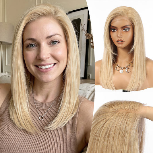 Human Hair Transparent Lace Front Wig, Side Swept Bangs, Golden Blonde