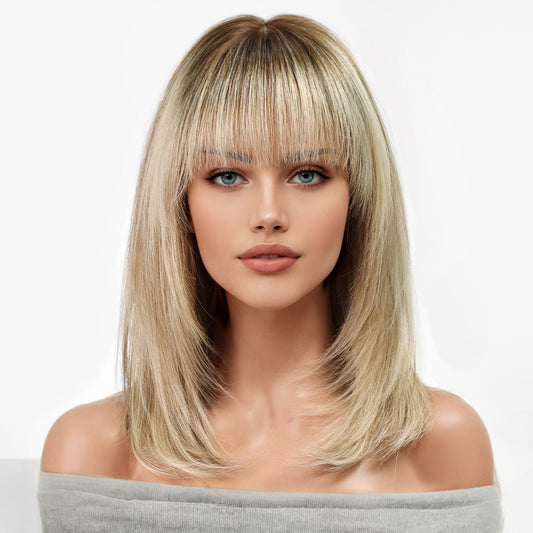 KKU 16 Inch Ombre Blonde Brown Human Hair Wigs for Women,Layered Straight Hair Wig with Bangs,Wear Natural Realism