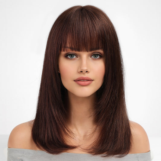 KKU 16 Inch  Brown Human Hair Wigs for Women,Layered Straight Hair Wig with Bangs,Wear Natural Realism