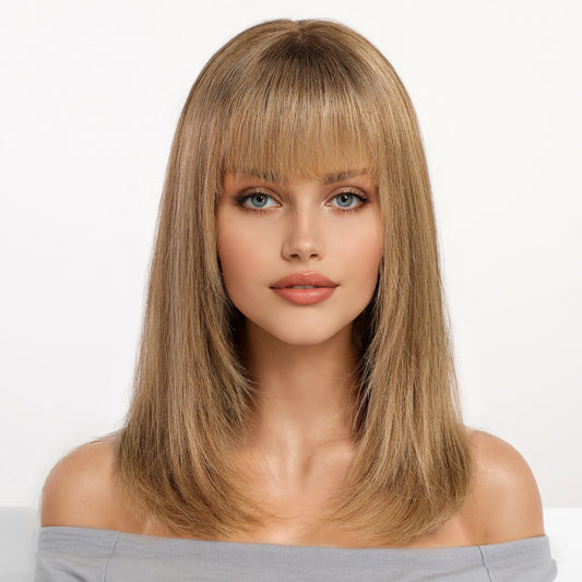 KKU 16 Inch Brown and Gold Ombre Human Hair Wigs for Women,Layered Straight Hair Wig with Bangs,Wear Natural Realism