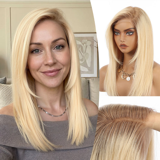 Human Hair Transparent Lace Front Wig, C-Part, Side Swept Bangs, Ombre Honey Blonde