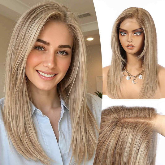 Human Hair Transparent Lace Front Wig, C-Part, Side Swept Bangs, Highlighted Ash Blonde
