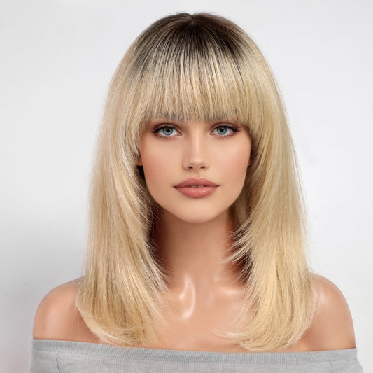 KKU 16 Inch Gradient Blonde Human Hair Wigs for White Women,Layered Straight Hair Wig with Bangs,Wear Natural Realism