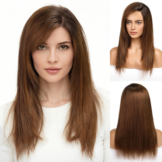 KKU 18 Inch Ombre Brown Human Hair Wigs for Women,Layered Straight Hair Wig with Side Bangs,Wear Natural Realism