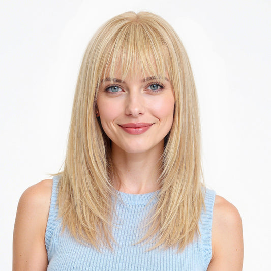 16 Inch Golden Blonde Straight Human Hair Wig with Bangs
