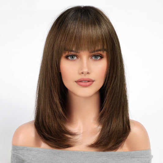 KKU 16 Inch Ombre Brown Human Hair Wigs for Women,Layered Straight Hair Wig with Bangs,Wear Natural Realism