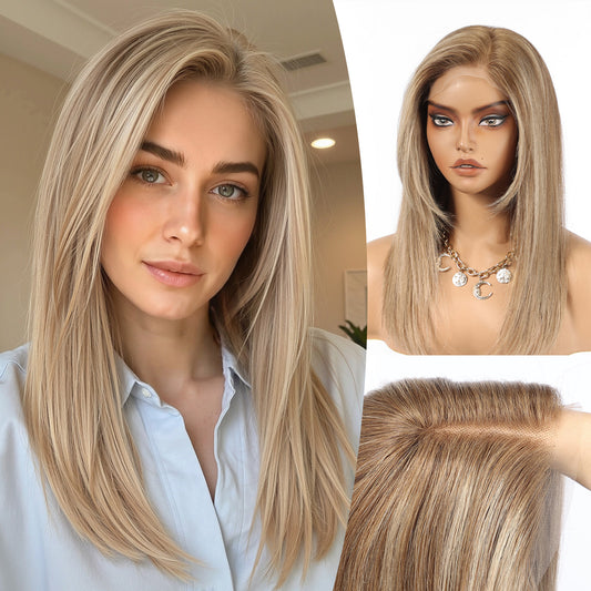 Human Hair Transparent Lace Front Wig, C-Part, Side Swept Bangs, Highlighted Ash Blonde