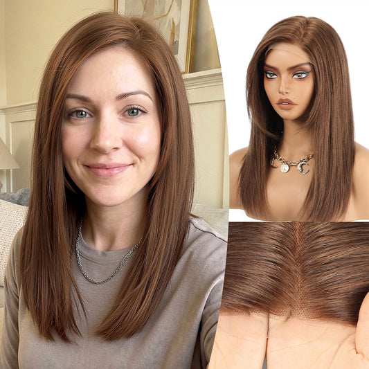 KKU 16" Brown Straight Lace Front Wig | Side Swept Bangs | C-Part Natural Hairline