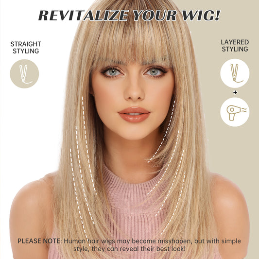 16 Inch Human Hair Wig with BangsOmbre Mixed Blonde