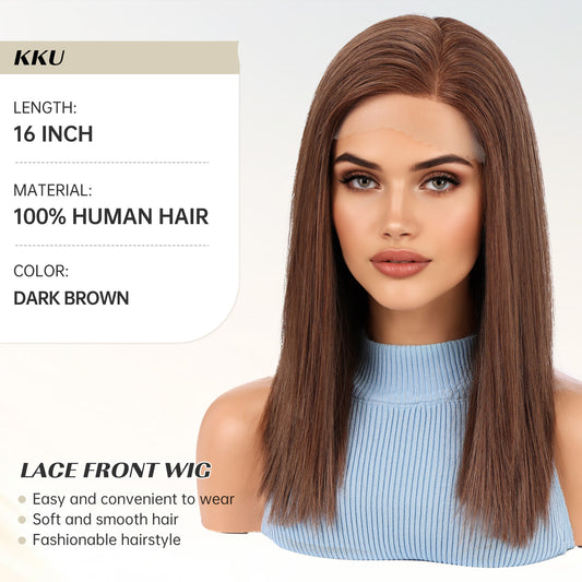 16 Inch  C Side Lace Human Hair Wig Brown