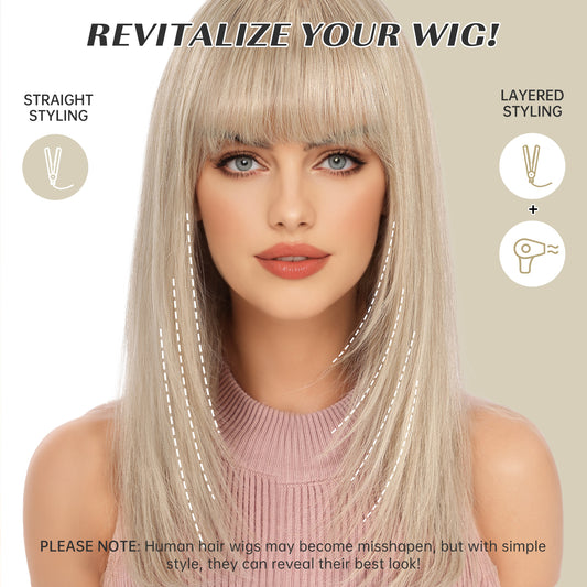 16 Inch Human Hair Wig with BangsAsh Platinum Blonde