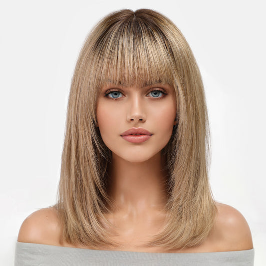 KKU 16 Inch Ombre Ash Blonde Human Hair Wigs for Women,Layered Straight Hair Wig with Bangs,Wear Natural Realism