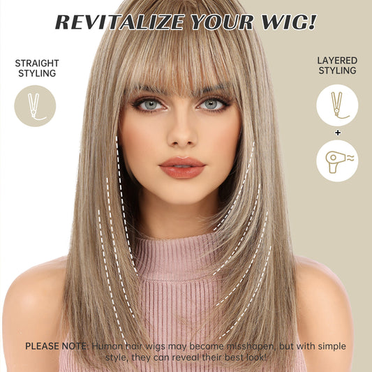 16 Inch Brown Mixed Blonde Straight Human Hair Wig with Bangs