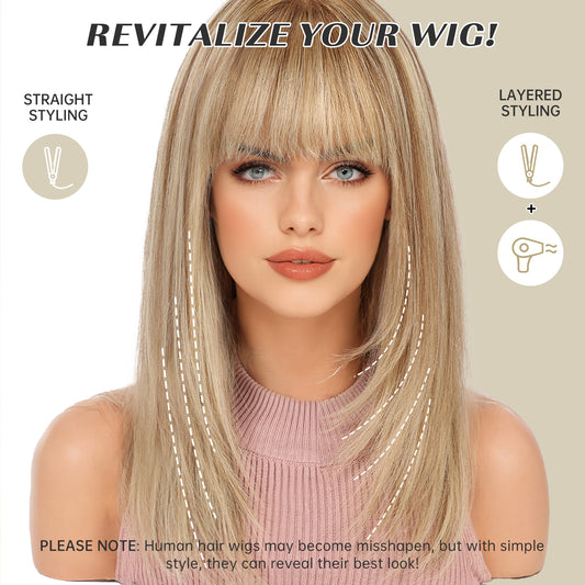 16 Inch Human Hair Wig with Bangs, Ombre Blonde Mixed Light Brown