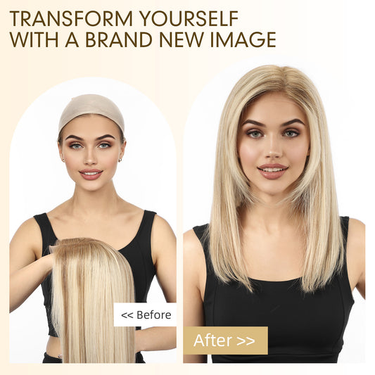 Human Hair Transparent Lace Front Wig, C-Part, Side Swept Bangs, Ombre Honey Blonde