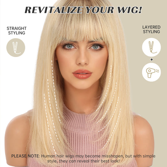 16 Inch Human Hair Wig with BangsOmbre Blonde