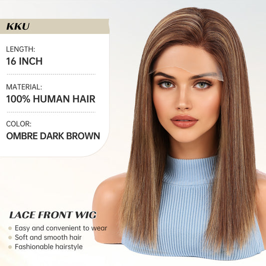 16 Inch  C Side Lace Human Hair Wig  Brown