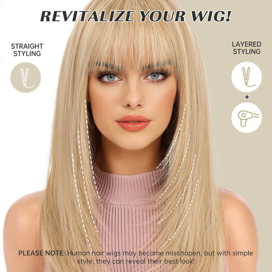 16 Inch Golden Blonde Straight Human Hair Wig with Bangs